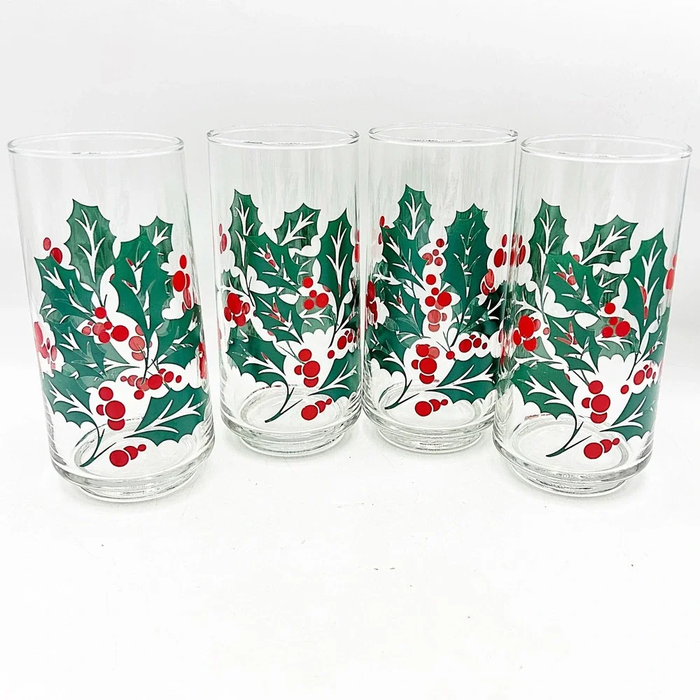 Libbey Christmas Holly Berry‎ Tumbler Glasses Set of 4 Clear Crisa